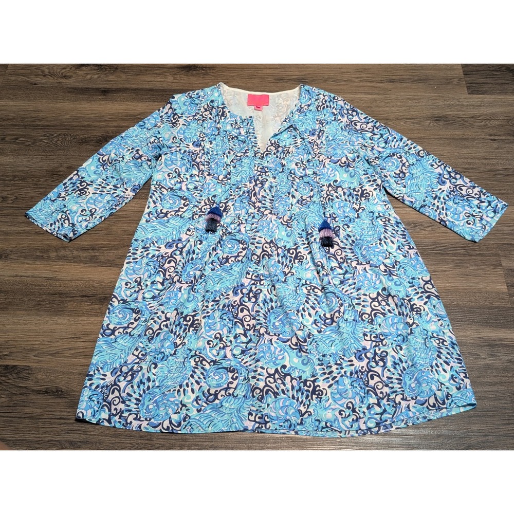 Lilly Pulitzer Marilina Tunic Dress Light Aqua Spritz V-Neck Tassels Womens L